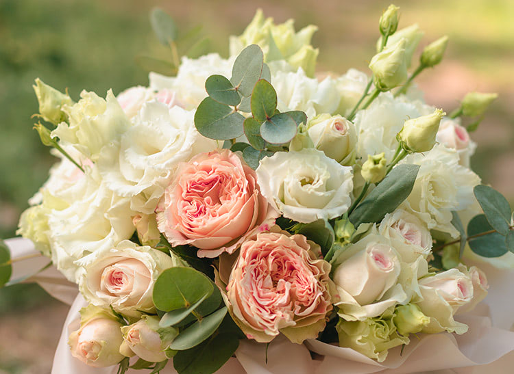 Lush bouquet of pink and white roses with green foliage, arranged tightly together; set against a softly blurred outdoor background with natural sunlight.