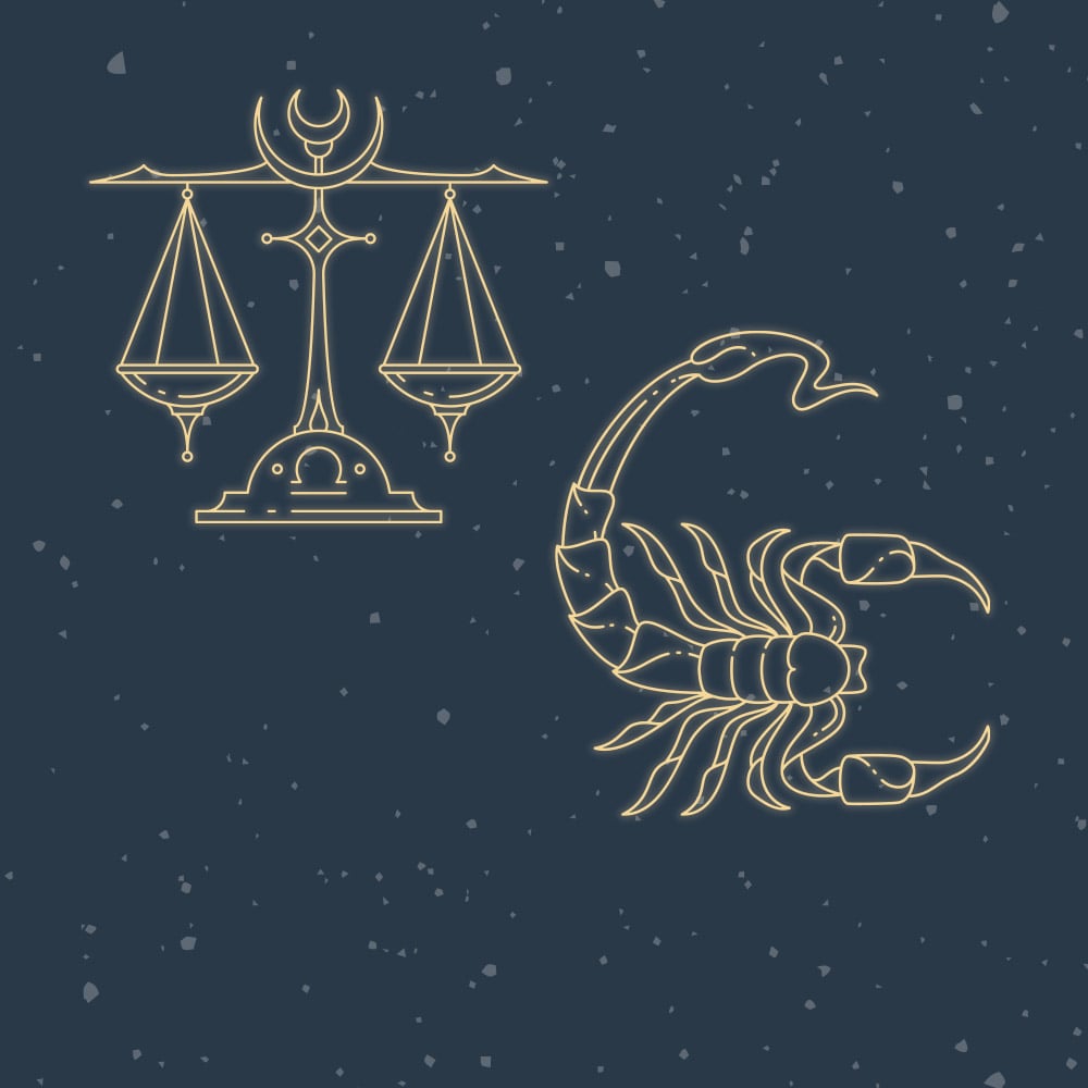 A neon outline of scales and a scorpion against a dark starry background, symbolizing Libra and Scorpio zodiac signs.